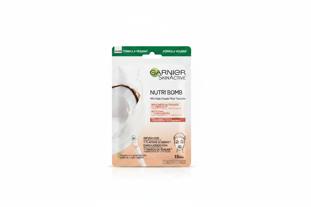 GARNIER - Skinactive Maschera Tessuto Nutri Bomb Nutriente e Illuminante con Latte di Cocco per Pelli Secche e Spente