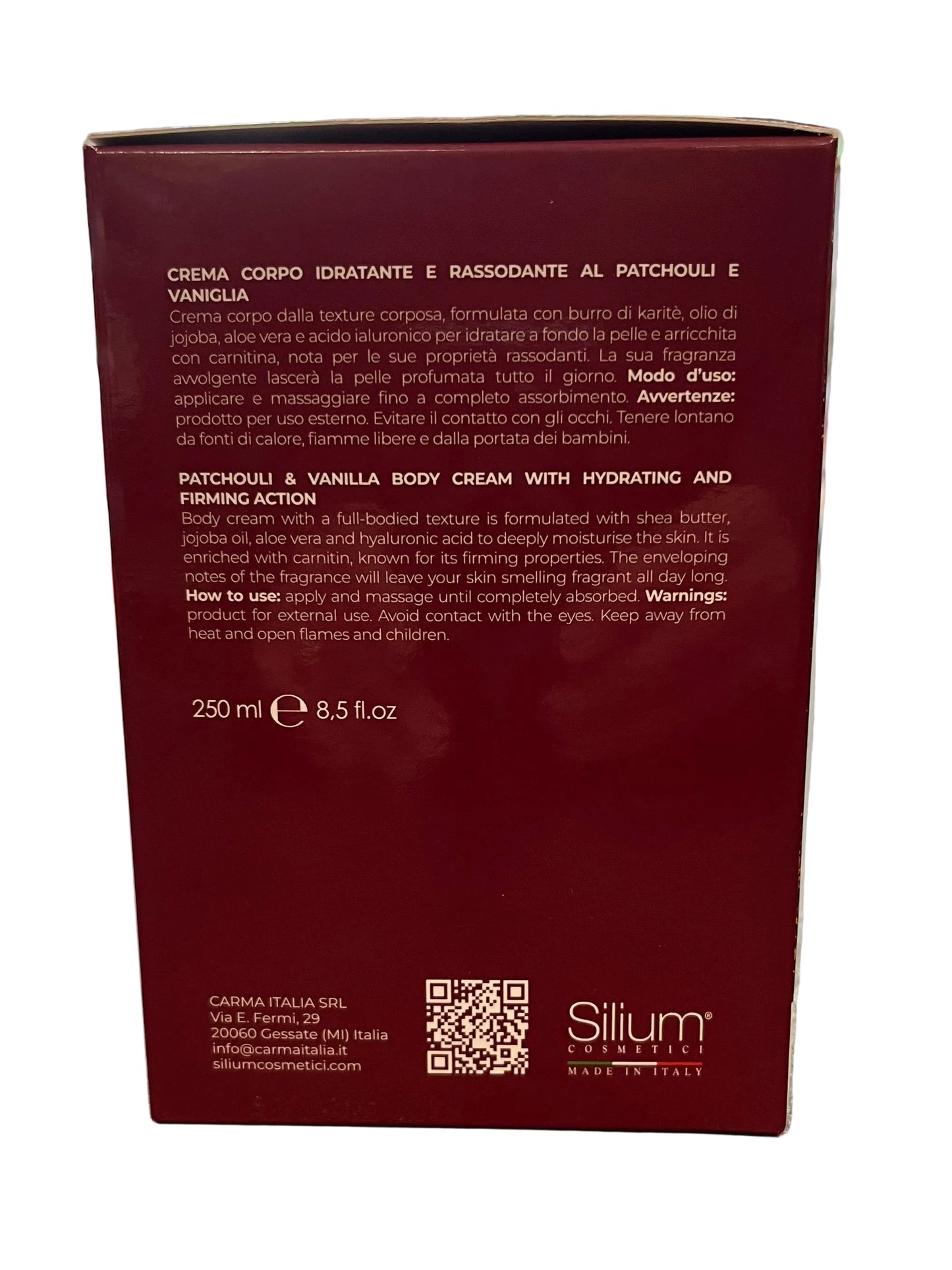 Crema Corpo 250 ml.Vaso + Profumo Capelli 50 ml. Patchouli e Vaniglia - SILIUM