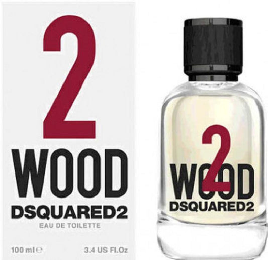 a bottle of wood dsquared 2 cologne next to a box